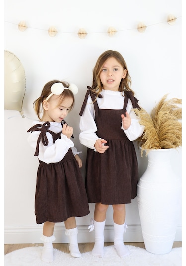 Fitilli Kadife Elbise İkili Takım kahverengi