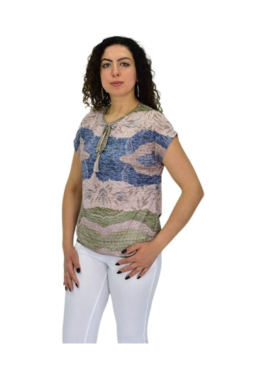 Kadın Kısa Kol Baskılı Bluz Bgl-st04694 VİZON