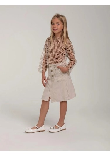 Kız Çocuk Tasarım File Bluz İç Bluz Hariçtir -15610 Bej