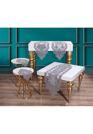 Fransız Güpürlü Kadife Midye Salon Takımı 5 Parça Gri Gri