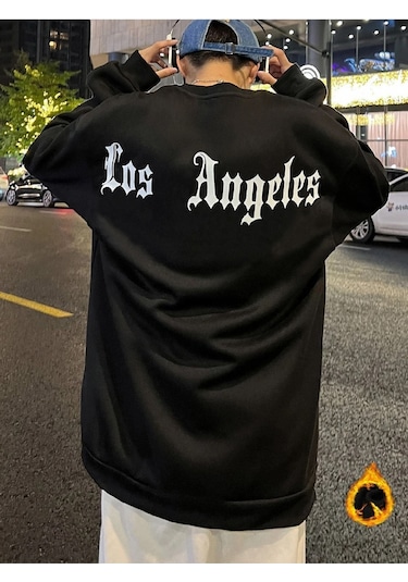 Unisex Oversize Los Angeles Baskılı Bisiklet Yaka Sweatshirt Siyah