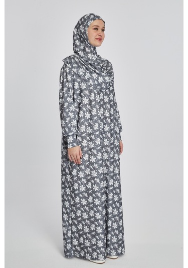 Pratik Tek Parça Manolya Desenli Namaz Elbisesi Füme