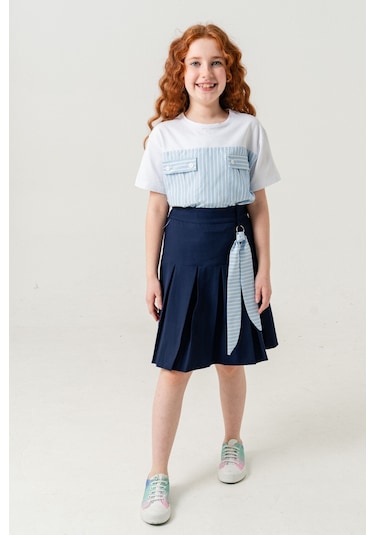 Kız Çocuk Pileli Keten Etek 2957 Lacivert
