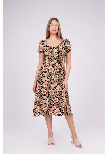 Gabria Kadın Çiçek Desenli Elbise Siyah