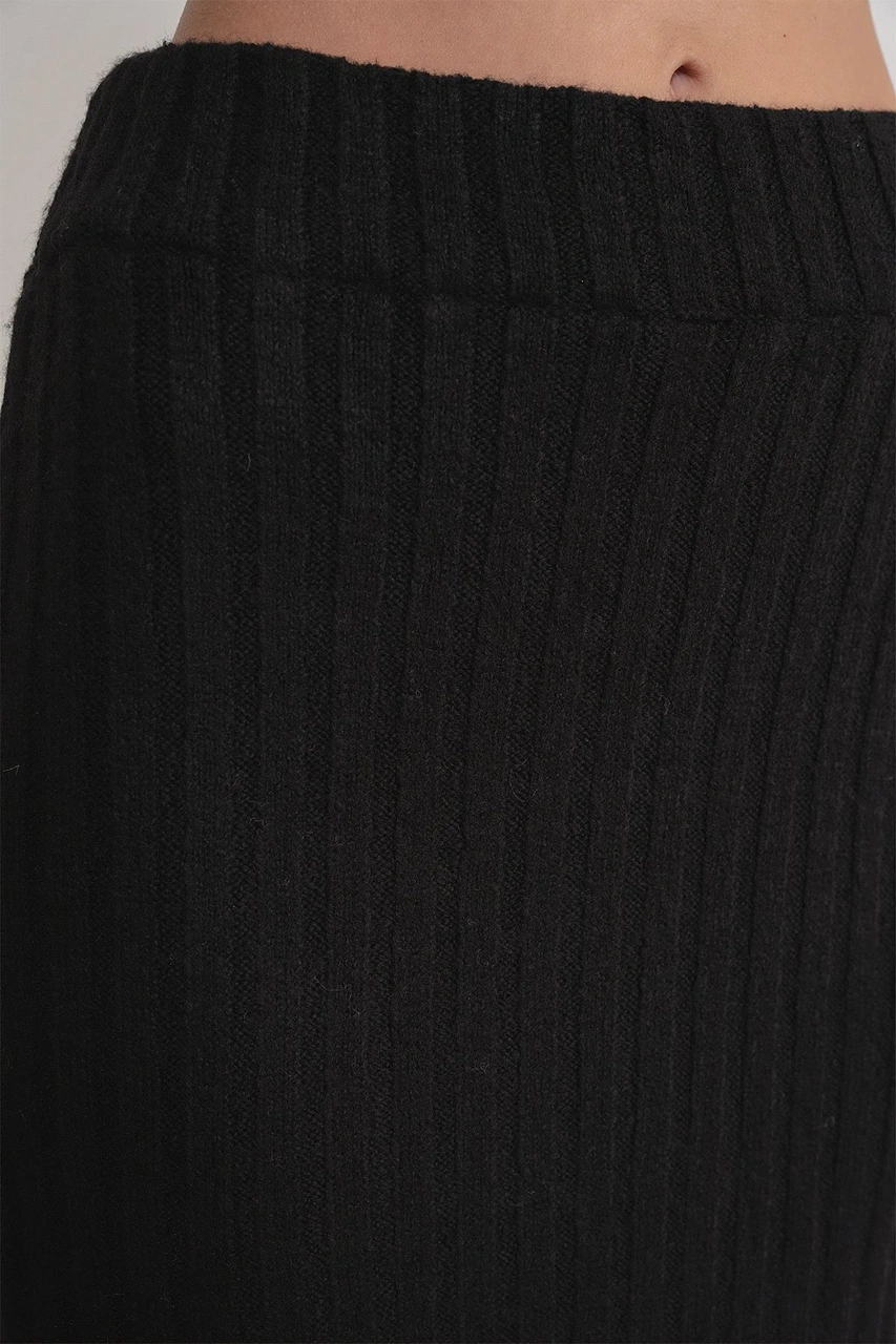 6929 Kadın Fitilli Triko Etek Siyah Siyah