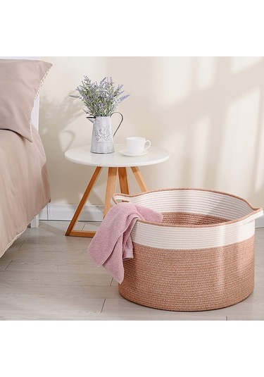 Shahbaz Özel Pamuklu Jüt Battaniye Sepeti Hasır Oyuncak Sepeti Jüt Çamaşır Sepeti 40-30 Hasır