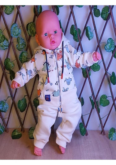 Erkek Çocuk Bebek Dinazor Desenli Kapşünlu Ve Fermuarlı 2 Li Takım-642 Krem