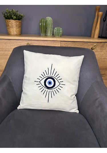 Göz Motifli Punch İşlemeli Kırlent Kılıfı Tekli