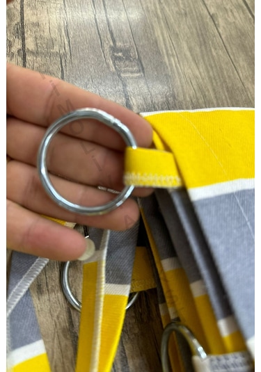 Devrim Olivya Tekstil Mavi-beyaz Çizgili Lüks Halkalı Balkon Perdesi - Özel Dikim, Dayanıklı Branda Sarı Gri