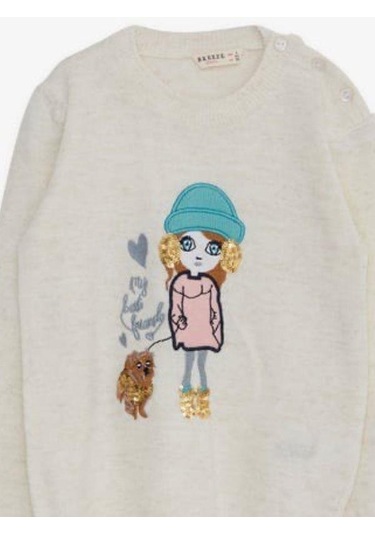 Kız Çocuk Pul Süslemeli Triko Bisiklet Kazak-15193 Krem