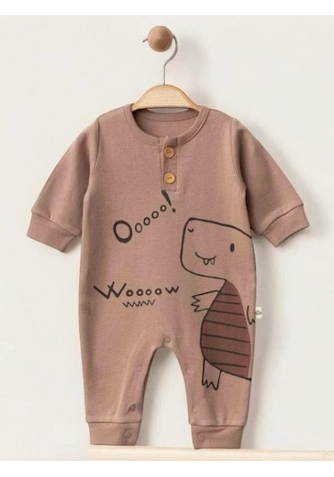 Zekids Erkek Bebek Dinazor Desenli Organik Tulum-15509 Kahverengi