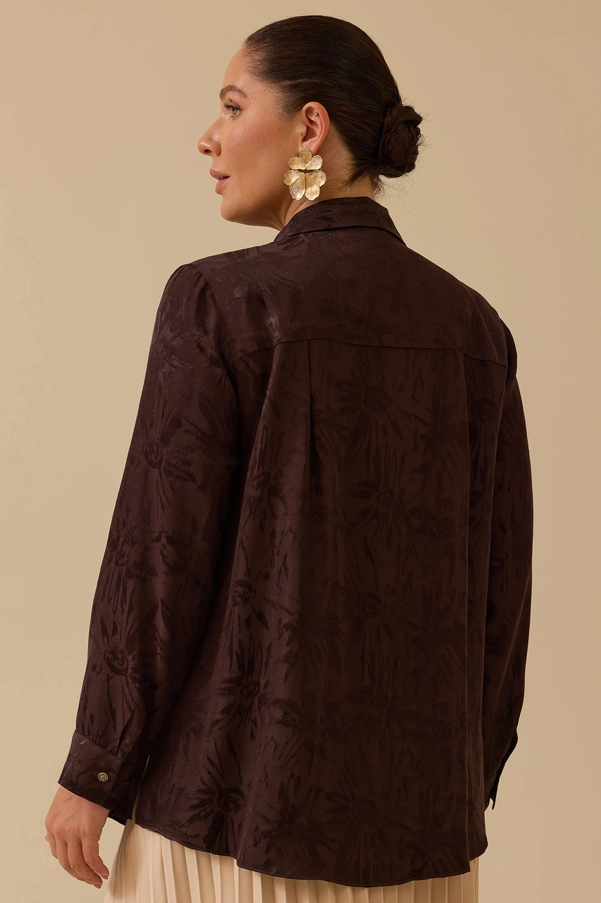 Galaxi Kadın Büyük Beden Çiçek Desenli Jakar Gömlek 4018 Kahverengi Kahverengi