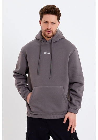 JAHR MARC Gri Nakışlı Oversize Erkek Sweatshirt Gri
