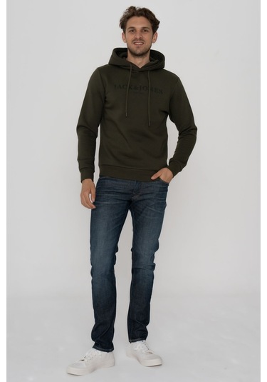 Jack & Jones Erkek Logo Baskili Kapüsonlu Sweatshirt - Luke 12214639 Forest Night Bej