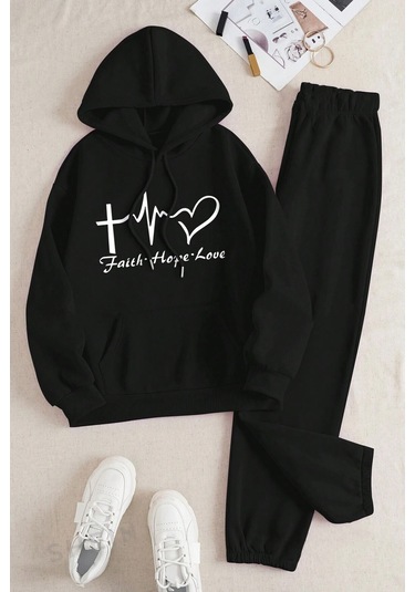 Nabız Kalp Baskılı Eşofman Takımı Siyah