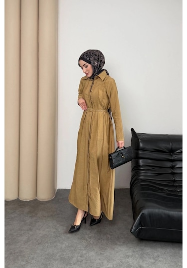 Mihran Butik Quenn Model Coupra Model Kumaş Kemer Detaylı Elbise Hardal