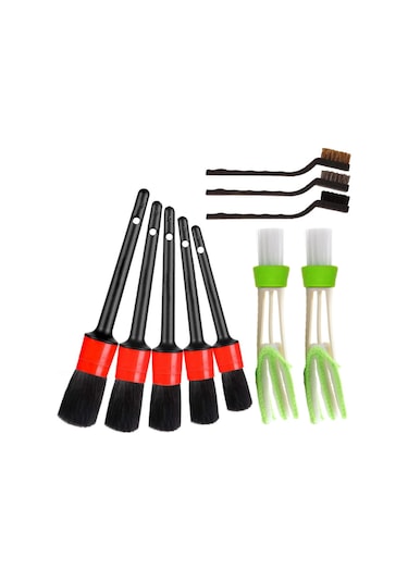 Shineyee Araç Temizleme Seti: 10 Parça Detay Fırçası, Tel Fırça Ve Klima Fırçası İçeren Siyah-yeşil Paket