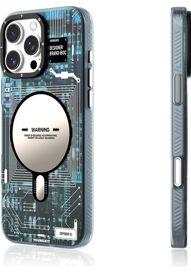 İphone 16 Pro Uyumlu Kılıf Magsafe Şarj Özellikli Youngkit Technology Serisi Kapak Mavi