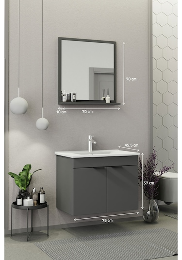 Biani Fix Arya 75 Cm Banyo Dolabı,Seramik Lavabolu, Aynalı,Lavabo Dahil,Mdf,Mat Gri Biani Fix Arya 75 Cm Banyo Dolabı,Seramik Lavabolu, Aynalı,Lavabo Dahil,Mdf,Mat Gri
