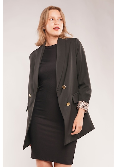 Gabria Kolları Leopar Desenli Kadın Ceket Siyah