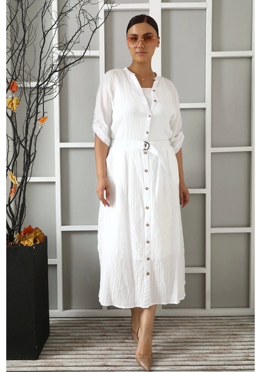 Büyük Beden Kadın Astarlı Müslin Kumaş Düğmeli Cepli Uzun Etek Beyaz