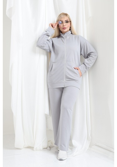 Kadın Büyük Beden Fermuarlı Uzun Kollu Rahat Günlük Eşofman Takım Gri