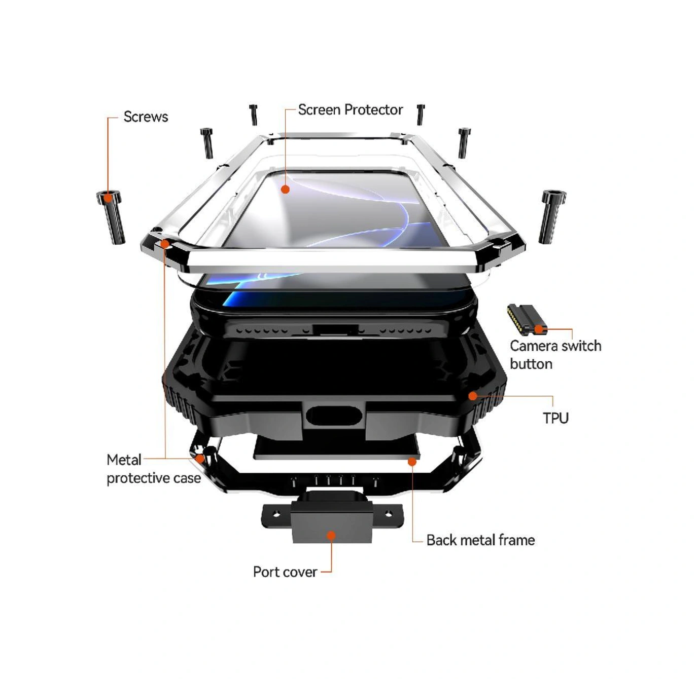 İphone 17 Pro Max İçin Metal Kılıf 360 Tam Vücut Koruyucu Kapak Standlı Ağır Hizmet Dayanıklı Şok Geçirmez Cam Ekran Koruyucu