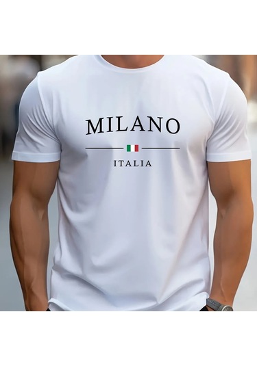 Guılan Erkek Milano Baskılı Pamuk Tişört - Yazlık Rahat Kısa Kollu Üstwhıte WHITE