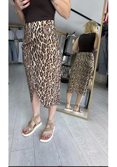 Leopar Tokalı Etek Kahverengi