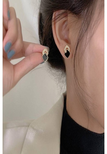 Kadın Küpe Özel Seri İthal Minimal Tarım Zirkon Taş Siyah Küpe Altın