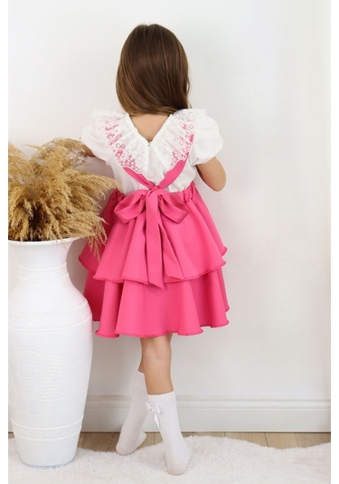 Kız Çocuk Helen Pembe Askılı Kat Kat Bağlama Jile Elbise Dantel Detay Ekru Kısa Kollu Bluz Takım