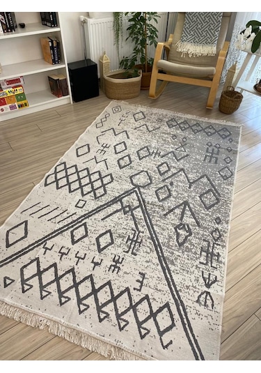 Kilim Çift Taraflı Dokuma Kilim İskandinav Kilim Gri -beyaz