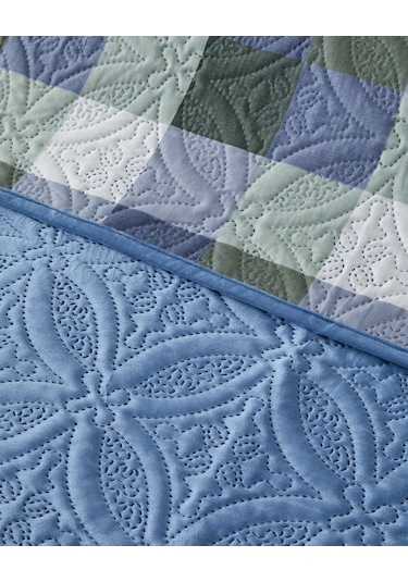 Ornate Check Çift Taraflı Kadife Çift Kişilik Yatak Örtüsü Takımı Koyu Mavi Koyu Mavi