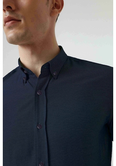 D'S Damat Ds Damat Slim Fit Armürlü Düğmeli Yaka Pamuklu Gömlek 5HC02ORT07265 - Lacivert