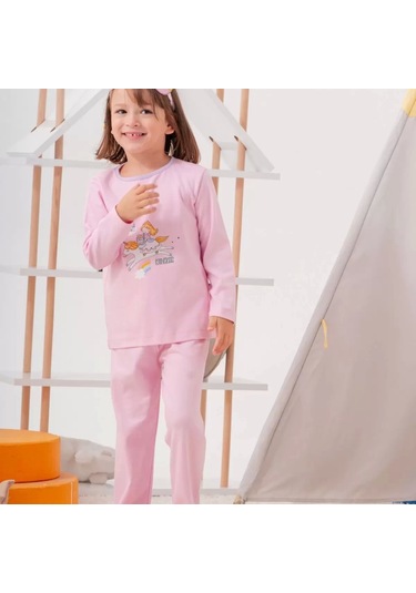 Unicorn Desenli Çanta Ve Maskeli % 100 Pamuk Kız Çocuk Pijama Takımı Pembe