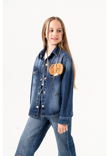 Kız Çocuk Köpek Nakışlı Kot Gömlek 3137 Mavi