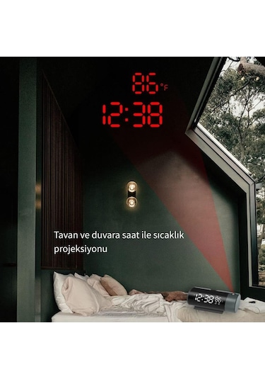 Monozone Projeksiyon Çalar Saat Led Ekran Sıcaklık Göstergeli Yansıtmalı Çift Alarmlı Masa Saati