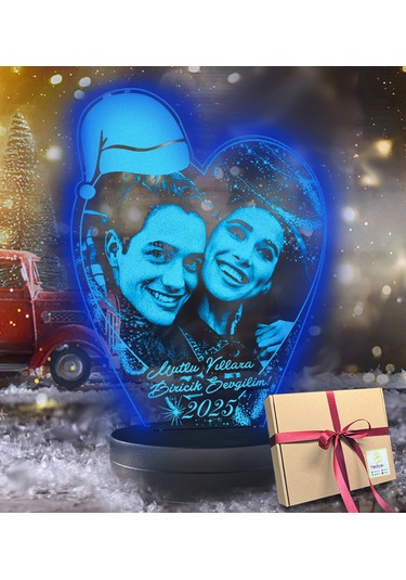 Yılbaşı Hediyesi Kişiye Özel Noel Baba Şapkalı Kalp 3d Led Gece L
