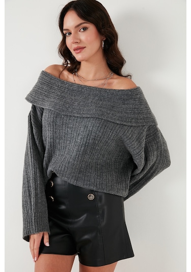 Lela Oversize Fit Madonna Yaka Triko Bayan Kazak 4615216 Antrasit