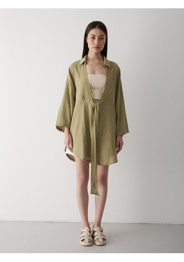 Haki Flam Keten Kimono Gömlek Haki