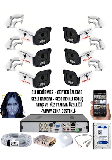 6'lı Sesli - 5mp Sony Lens Gece Renkli Yüz Tanımalı Kamera Seti