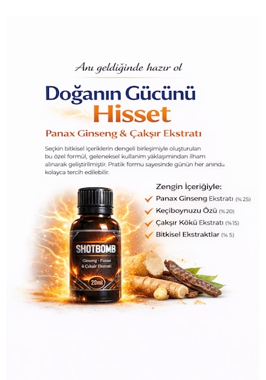 Shotbomb Ginseng Panax Çakşır Ekstratı Aktif Yaşam Takviyesi ''4x20ml''