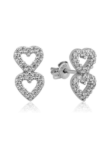 Gümüş İki Kalp Çivili Küpe