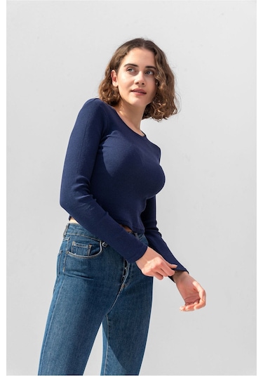 Gri Uzun Kollu Fitilli Bluz Crop Örme T-shirt Koyu Lacivert