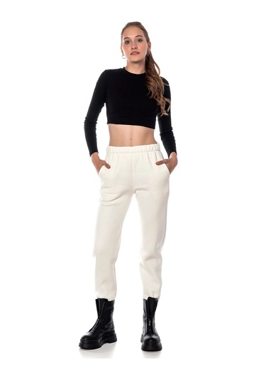 Kadın Ekru Renk Elastik Paça Örme Jogger Eşofman Altı Cy84200 Beyaz