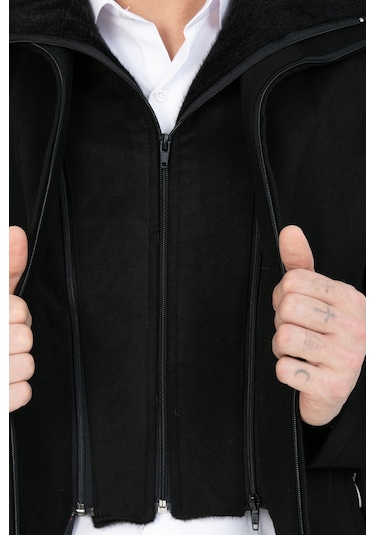 Erkek Siyah Yün Karışım Çift Yaka Kürklü Önü Fermuarlı Kaşe Kaban Siyah