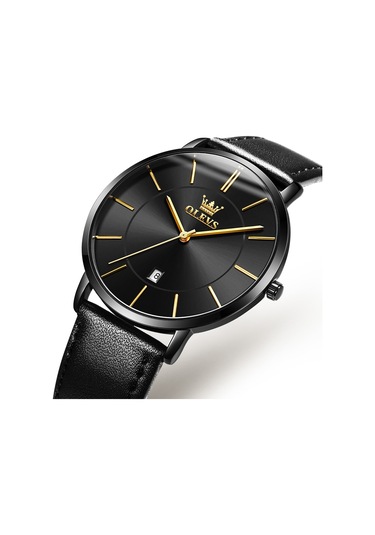 Olevs 5869 Erkekler İş Su Geçirmez Hakiki Deri Kayış Kuvars Saat Siyah