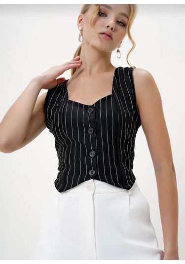 Çizgili Krep Düğmeli Yelek Siyah S3395 Siyah