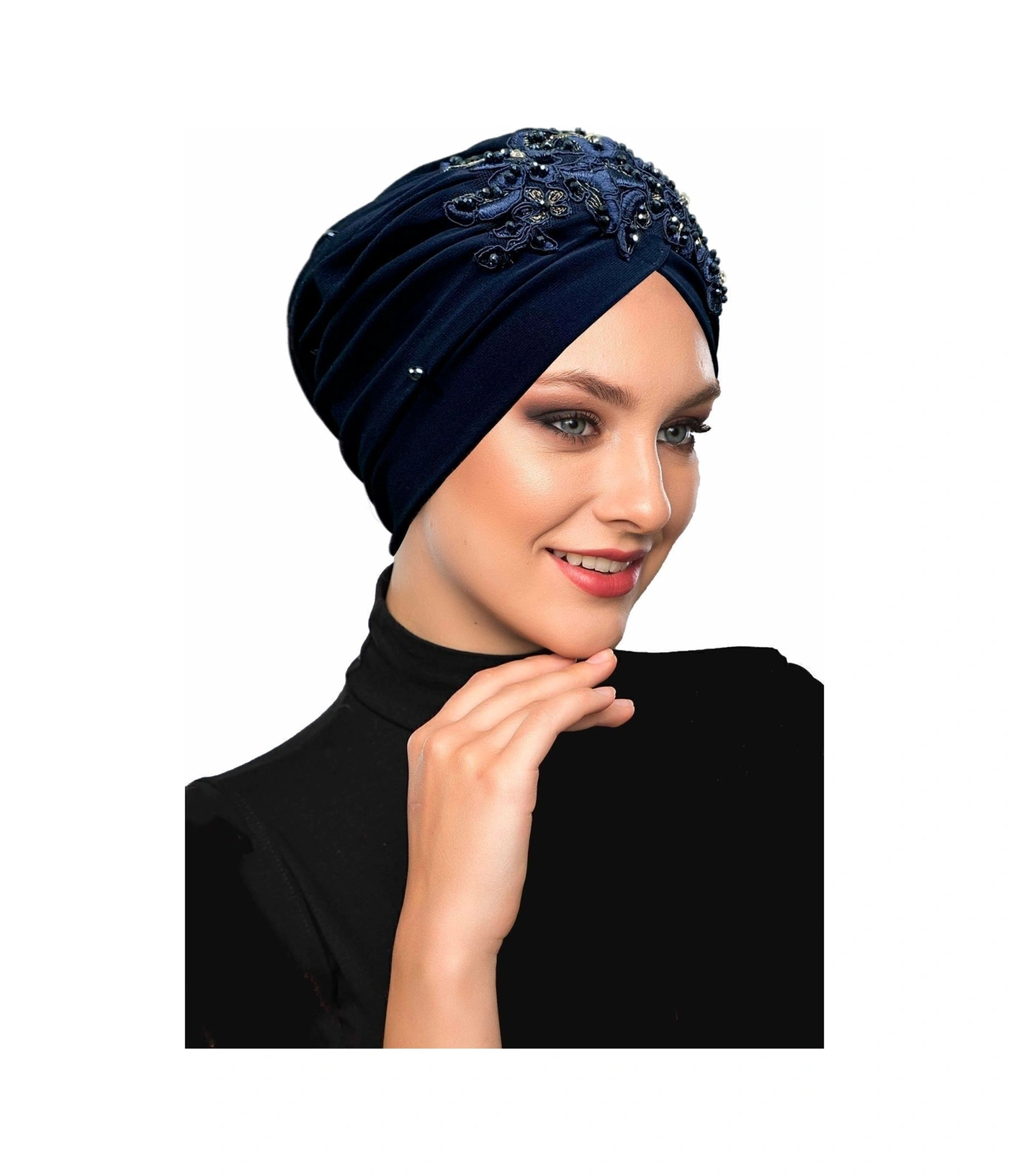 Kopma Astarlı Işlemeli Lacivert Sarı Dantel Motifli Hazır Türban Tesettür Abiye Bone Lacivert Sarı Dantel