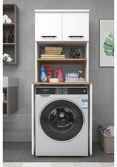 Enda Home Çamaşır Makinesi Dolabı 3 Raflı Kapaklı Banyo Dolabı Beyaz - Atlantik Çam Beyaz - Çam
